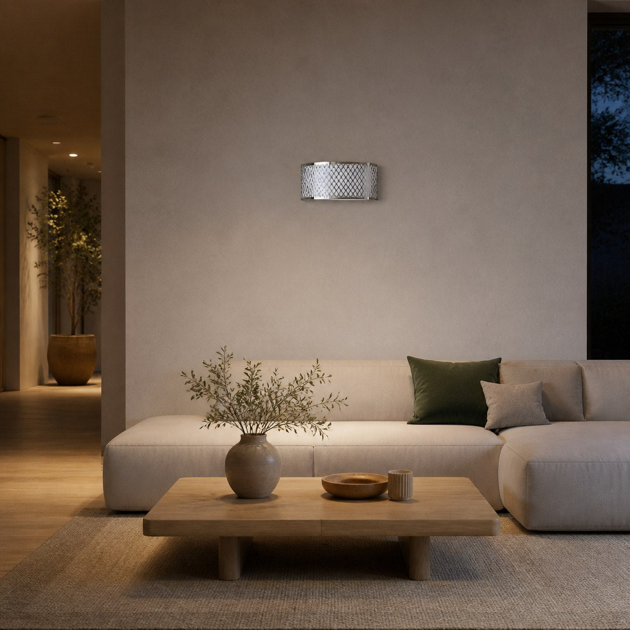 Liorin Fretwork Wall Light - Modern Curved Metal and Fabric Shade Sconce for Hallway or Bedroom