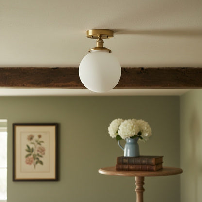 Glorica Glass Mid Century Semi Flush Ceiling Light - White Opal Glass Globe Fixture