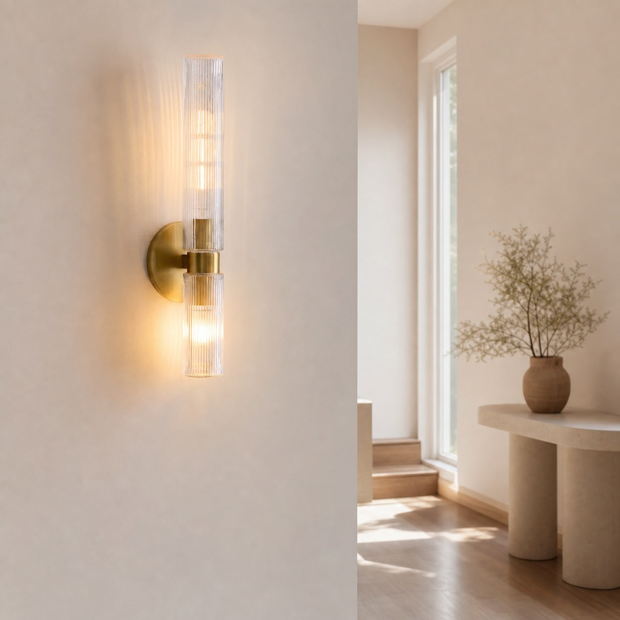 Rivora Doppel-Wandleuchte aus geriffeltem Glas, kurze Form, für drinnen und draußen, elegante Wandleuchte