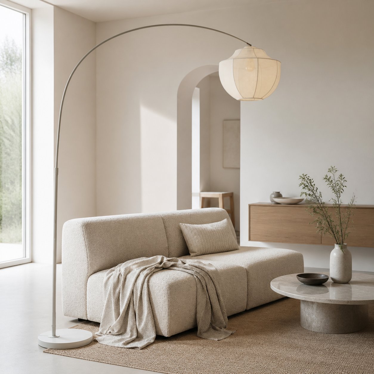 Lumifil Bogen-Stehleuchte mit Textilgewebeschirm und Metallgestell für sanftes, stimmungsvolles Wohnzimmerlicht