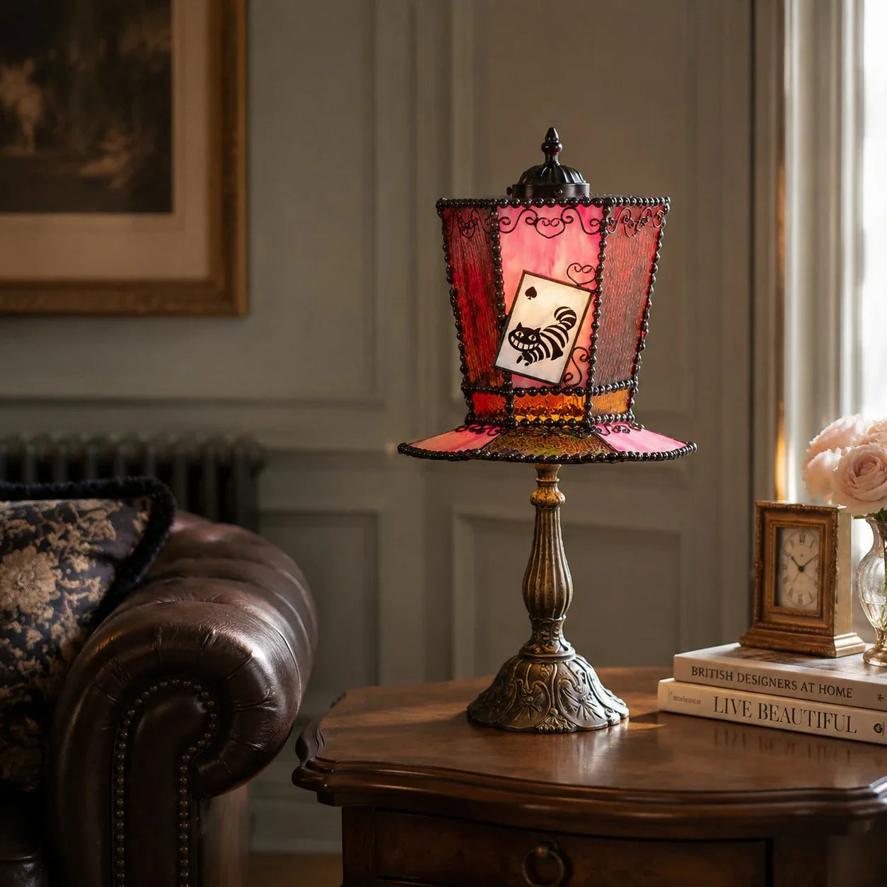 Rose purple table lamp on bedside table scene