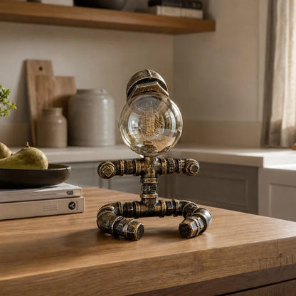 Industrial globe pipe lamp near a window