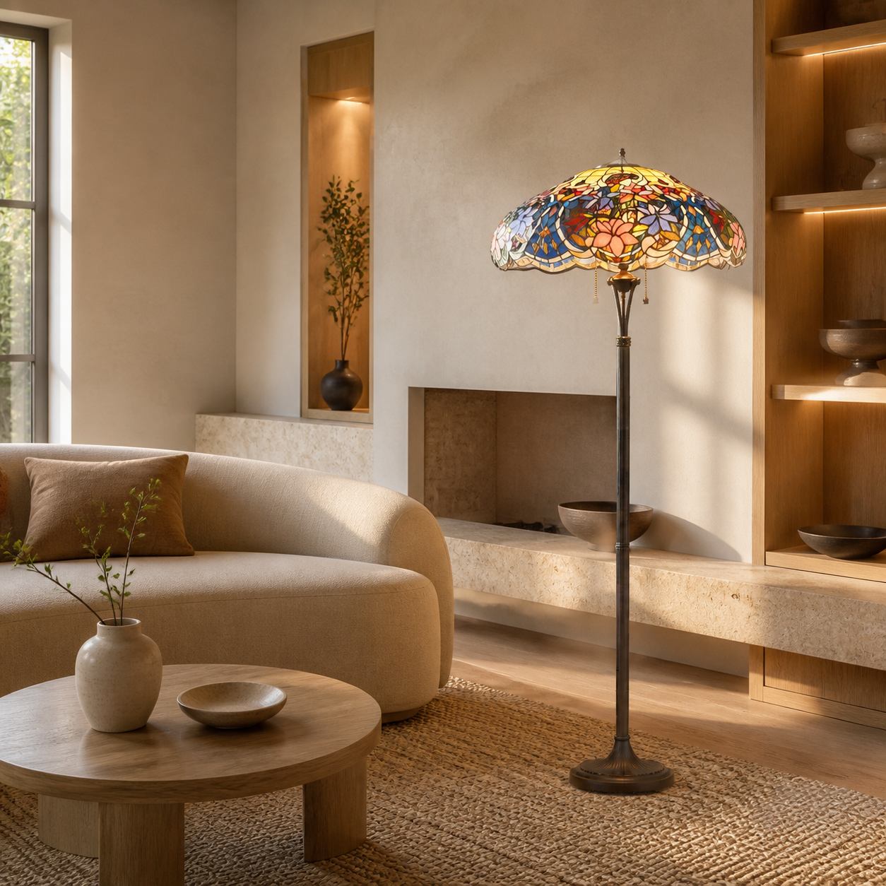 TF Sullivan Tiffany Stehlampe - Florales Buntglasdesign für Arbeits- oder Wohnzimmer