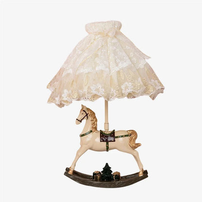 Full rocking horse table lamp with illuminated embroidered shade