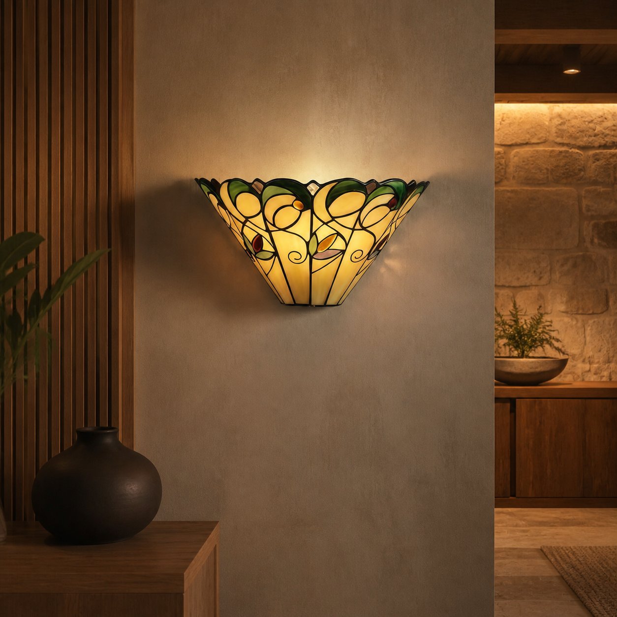 TF Jamelia Art Nouveau Wandleuchte mit abgeschrägtem Glasschirm – Metall-Glas-Leuchte für Flur oder Schlafzimmer