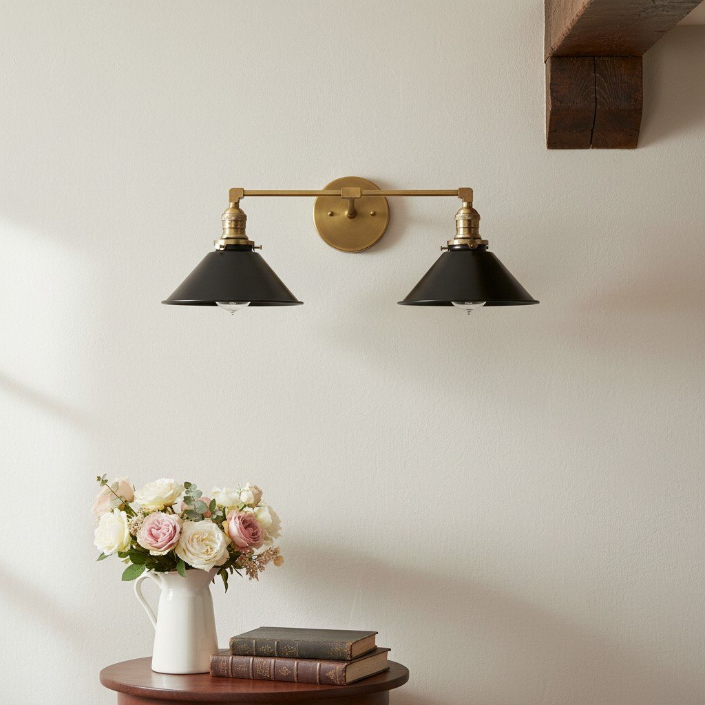 Conique Metal Dual Black Sconce with Cone Shades - Industrial Vanity Wall Light for Mirror