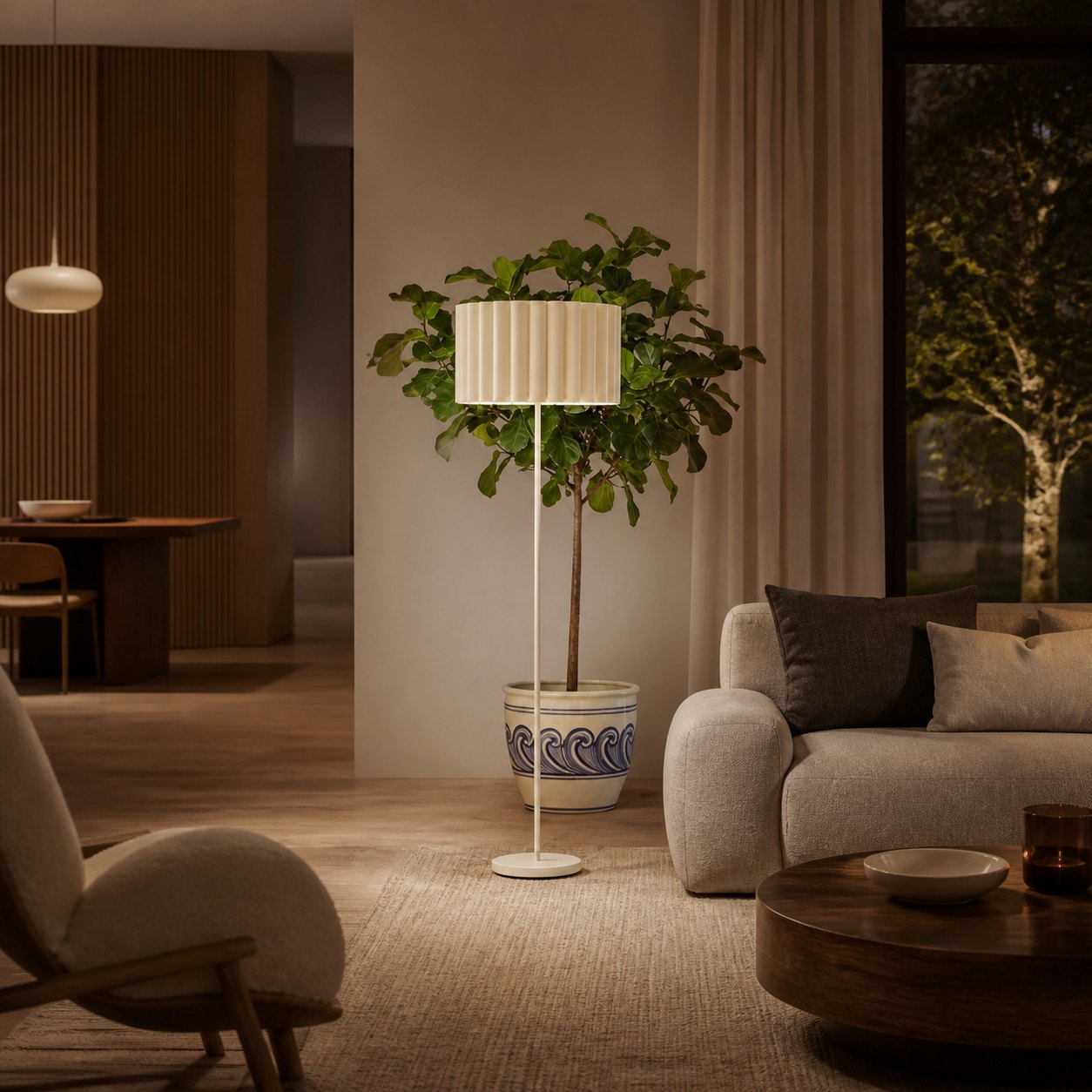 Velura Stehleuchte – Beige Leinenschirm und Metallgestell