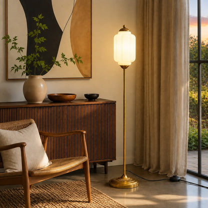 Eloise Textured Glass Pumpkin-Inspired Floor Lamp - Organic Artistry and Retro Style for Living Rooms