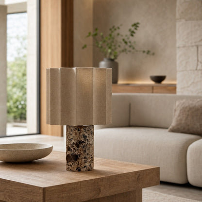 Cavilon Table Lamp with Fan-Shaped Linen Shade - Stone Finishes Suitable for Living Rooms