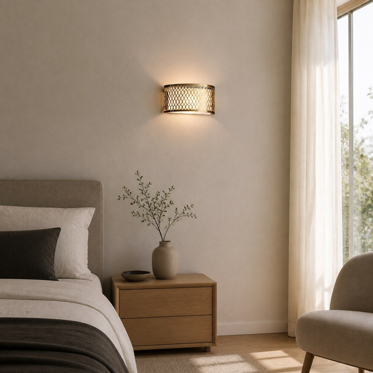 Liorin Fretwork Wall Light - Modern Curved Metal and Fabric Shade Sconce for Hallway or Bedroom