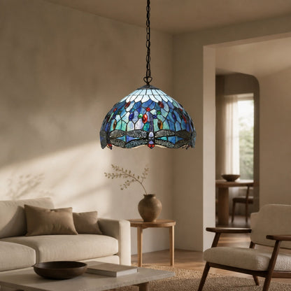 TF Dragonfly Blue Tiffany-Deckenleuchte – Jugendstil-Pendelleuchte aus Buntglas für Wohnzimmer