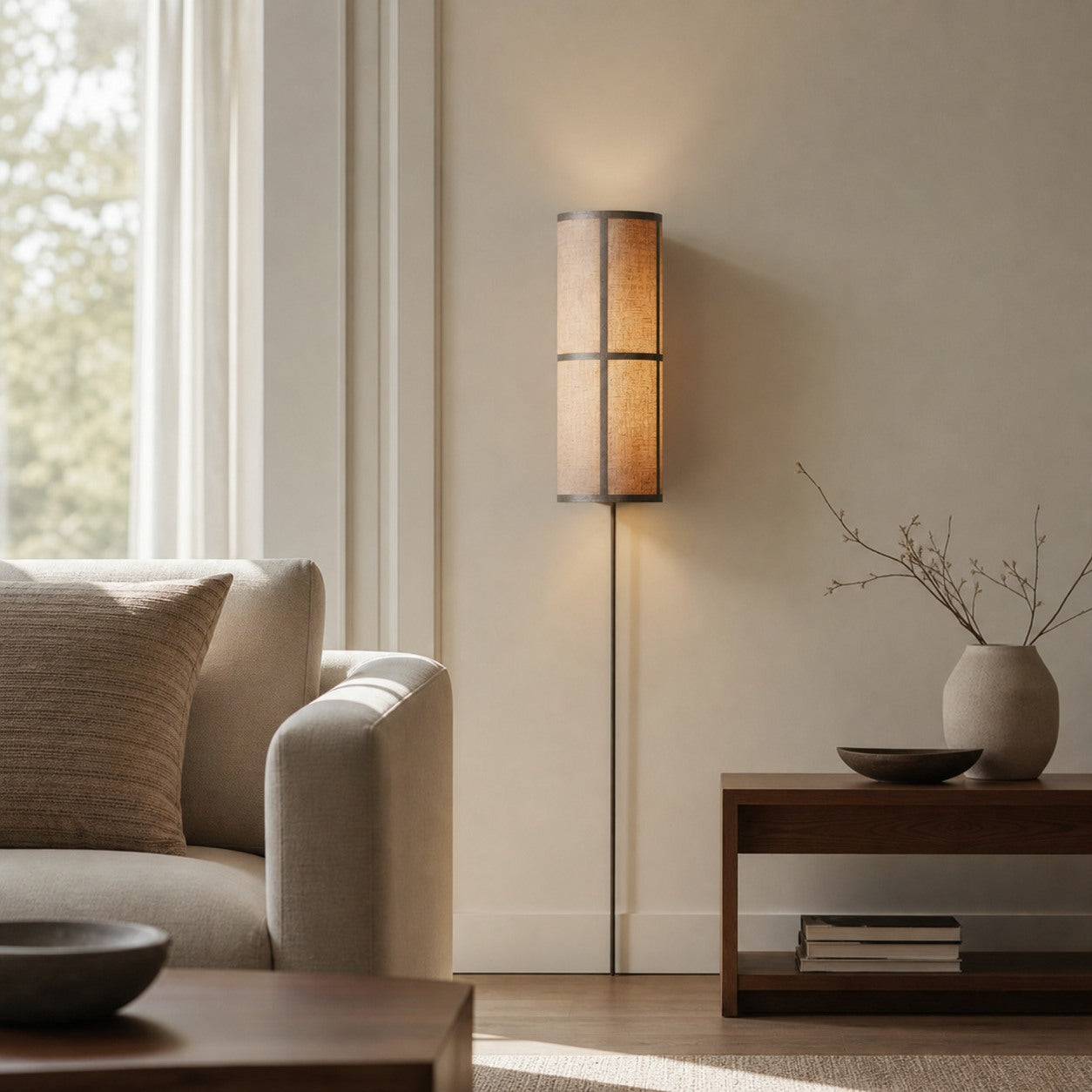 Cylume Cylinder Fabric Plug-in Wall Lamp - Minimalist Wall Sconce for Bedroom Living Room