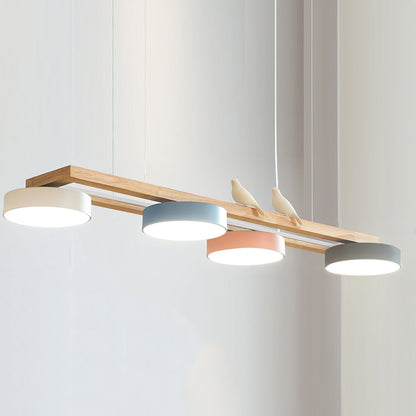 Vogel-Kronleuchter, Holzbalken, Metall, Acrylharz, integrierte LED, helles weißes Licht