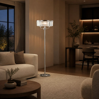 Beveline 3 Light Round Floor Lamp - Faceted Cut Glass Shades Classic Metal Finish For Living Rooms