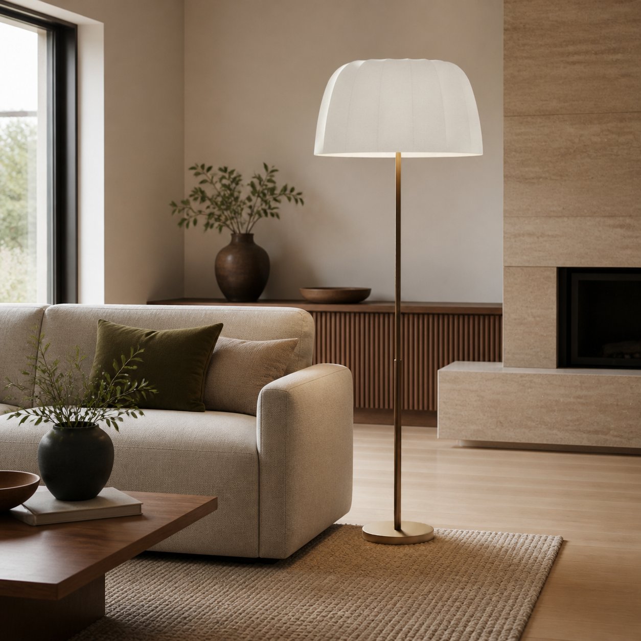 Vellaro Stehleuchte aus Messing mit Stoffschirm – Moderne Stehleuchte für Wohnzimmer oder Schlafzimmer