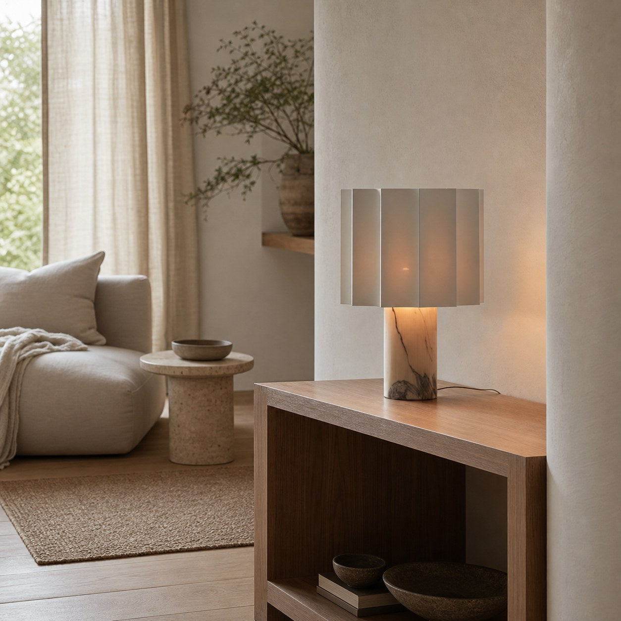 Cavilon Table Lamp with Fan-Shaped Linen Shade - Stone Finishes Suitable for Living Rooms