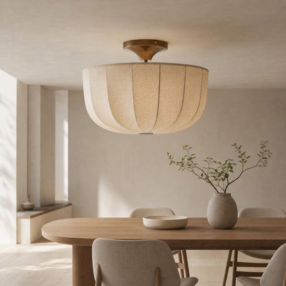 Loomis Flush Ceiling Lamp – Textured Linen Shade and Aged Brass Modern Ceiling Light for Living Rooms