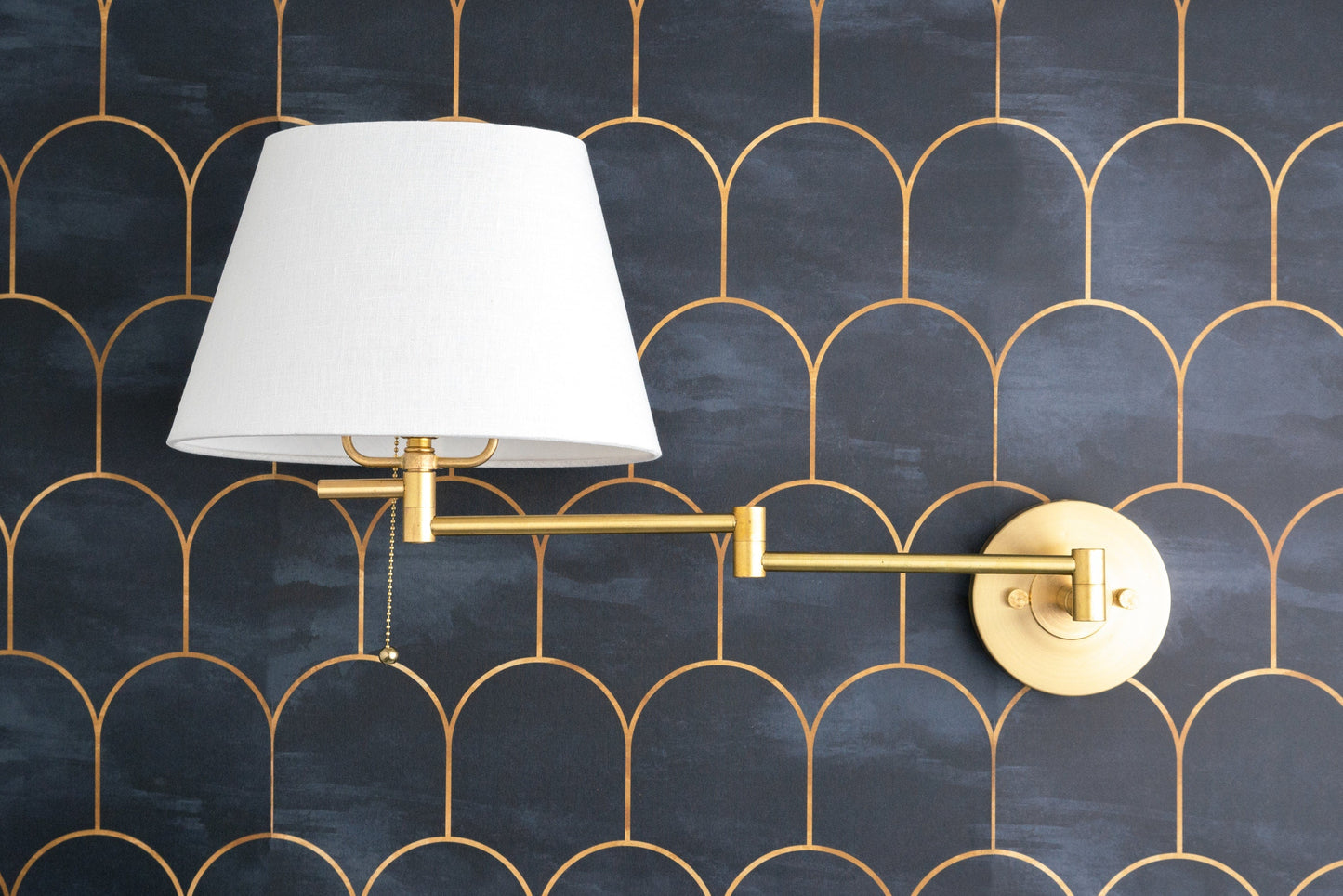 Ornato Brass Swing Arm Wall Sconce with White Cloth Shade for Bathroom Vanity or Hallway