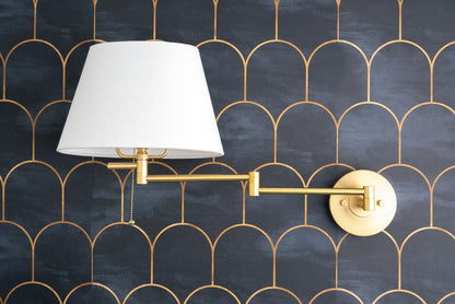 Ornato Brass Swing Arm Wall Sconce with White Cloth Shade for Bathroom Vanity or Hallway