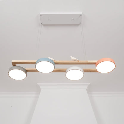 Vogel-Kronleuchter, Holzbalken, Metall, Acrylharz, integrierte LED, helles weißes Licht
