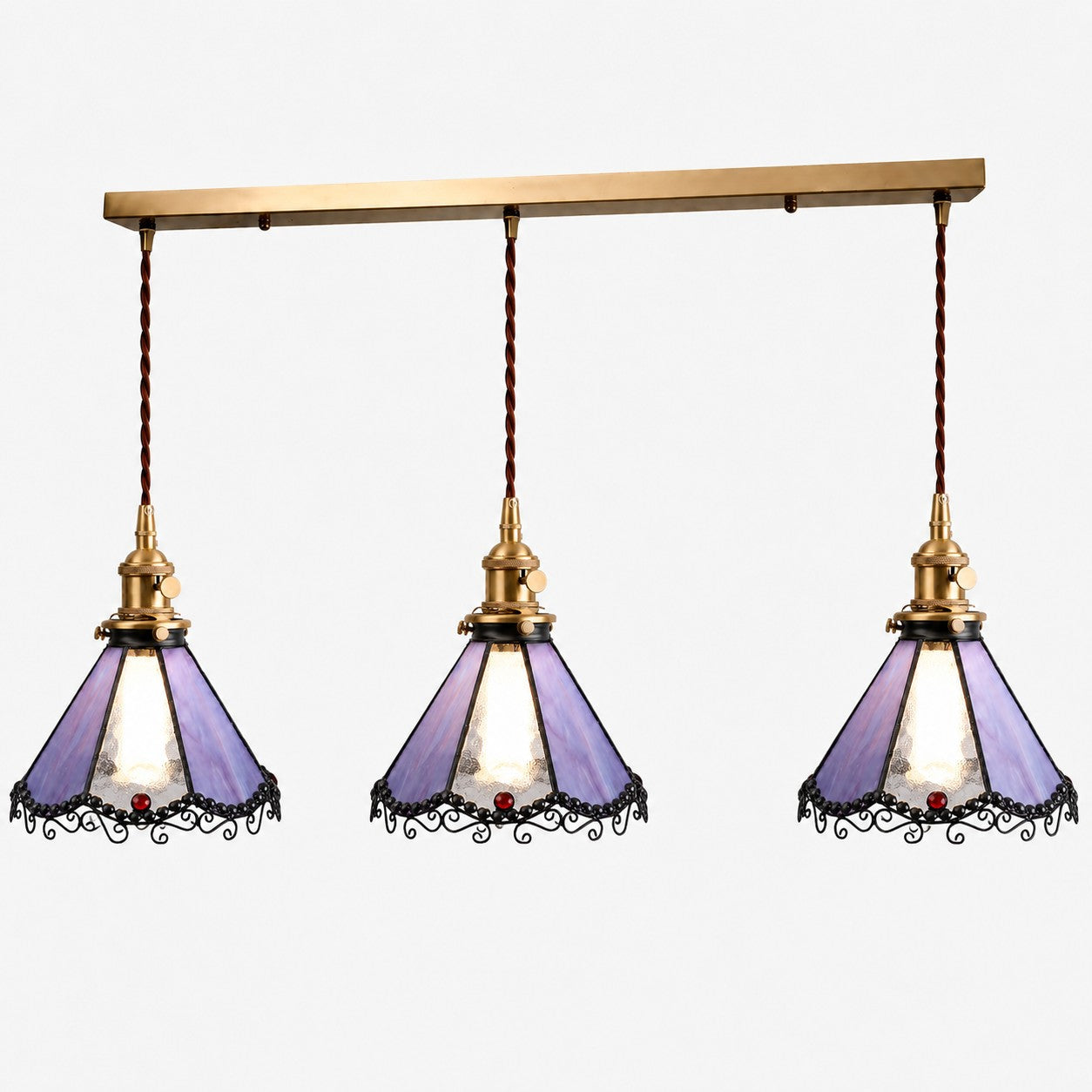Purple three-light stained glass linear pendant