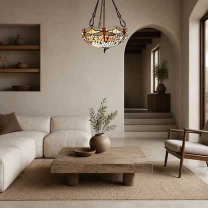 TF Dragonfly Beige Tiffany-Pendelleuchte – Elegante Buntglasleuchte für Esszimmer und Schlafzimmer