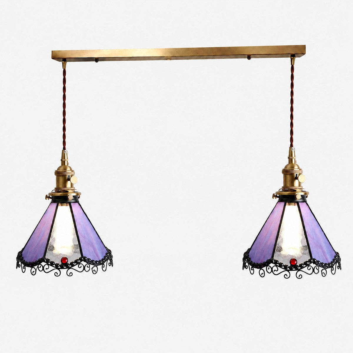 Purple two-light stained glass linear pendant