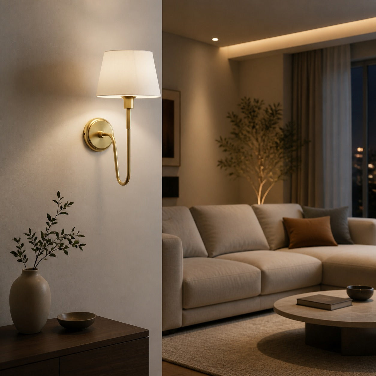 Ivoralux Tapered Fabric Wall Light – Modern Classic Curved Arm Sconce for Hallways or Bedrooms