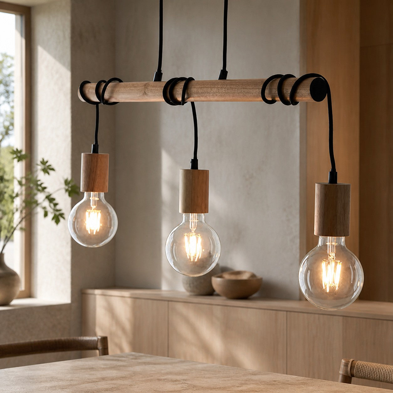 Virell Adjustable Linear Ceiling Light – 3‑Bulb Wooden and Metal Design for Kitchen Island or Office