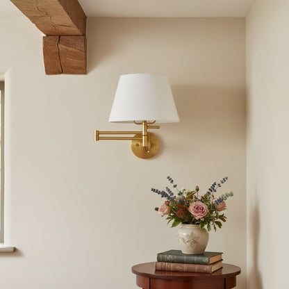 Ornato Brass Swing Arm Wall Sconce with White Cloth Shade for Bathroom Vanity or Hallway