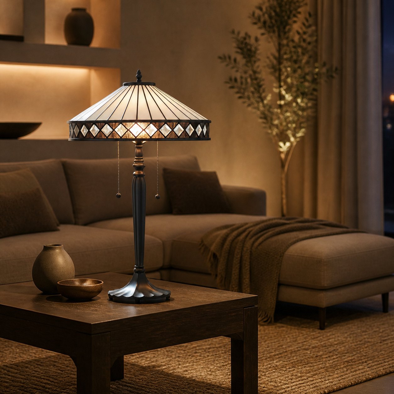TF Fargo Geometrische Tiffany-Lampe – Akzentbeleuchtung aus bernsteinfarbenem und cremefarbenem Glas für Schlafzimmer oder Arbeitszimmer