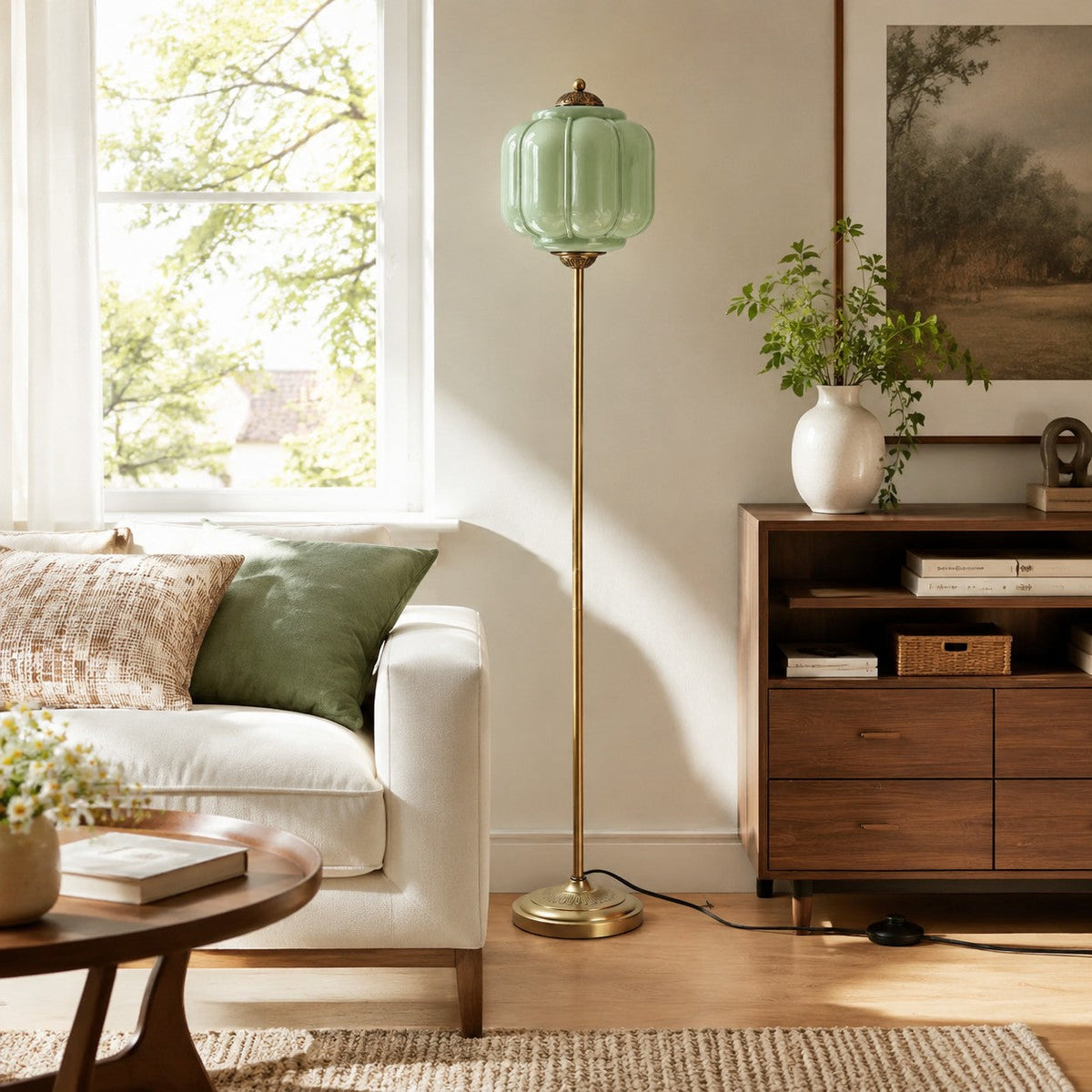 Eloise Textured Glass Pumpkin-Inspired Floor Lamp - Organic Artistry and Retro Style for Living Rooms