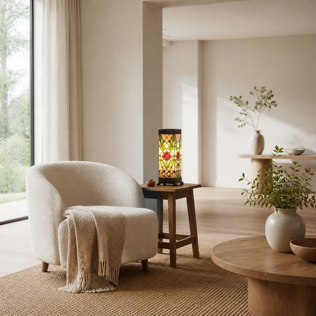 TF Angelique Tischleuchte im Jugendstil aus Buntglas – Handgefertigtes Blumendesign für das Wohnzimmer