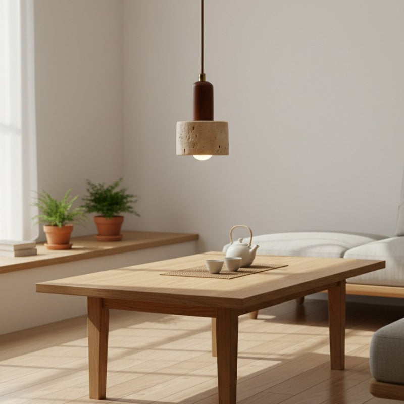 WabiLum Minimalist Japanese Travertine Wood Pendant Light - Elegant Home Lighting for Bedroom