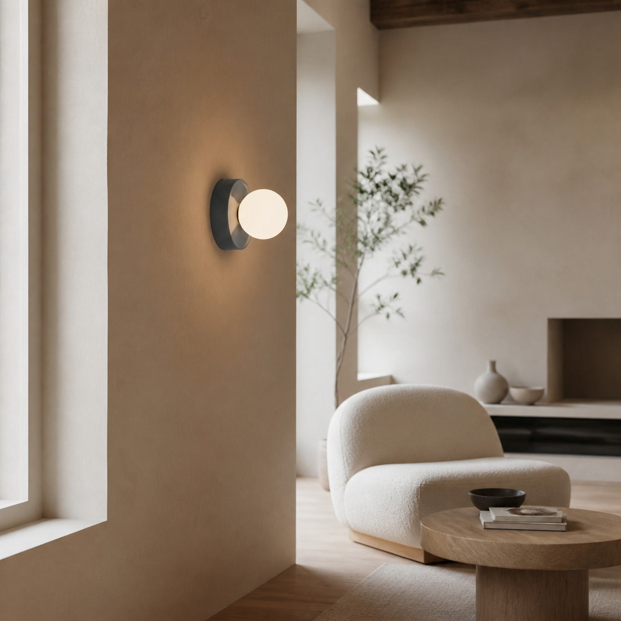 Solna Round Glass Wall Sconce with Ceramic Base—Minimalist Lighting for Bedroom or Hallway