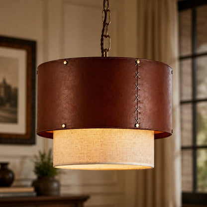 Brown leather pendant light in a warm interior scene
