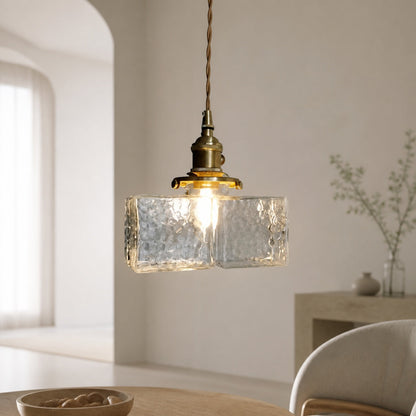 Traditional Vintage Square Rectangle Ripple Glass Iron 1-Light Pendant Light For Living Room