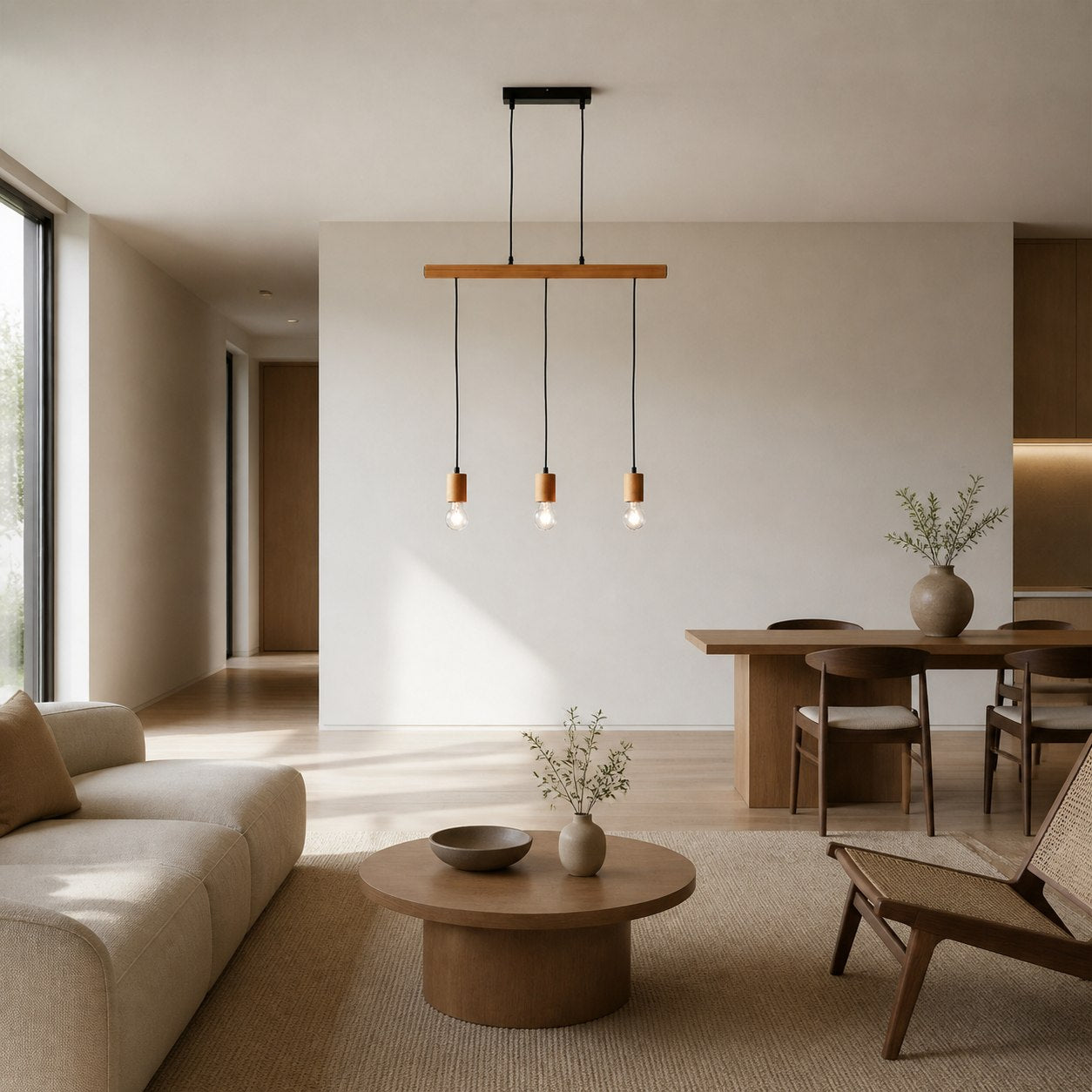 Virell Adjustable Linear Ceiling Light – 3‑Bulb Wooden and Metal Design for Kitchen Island or Office