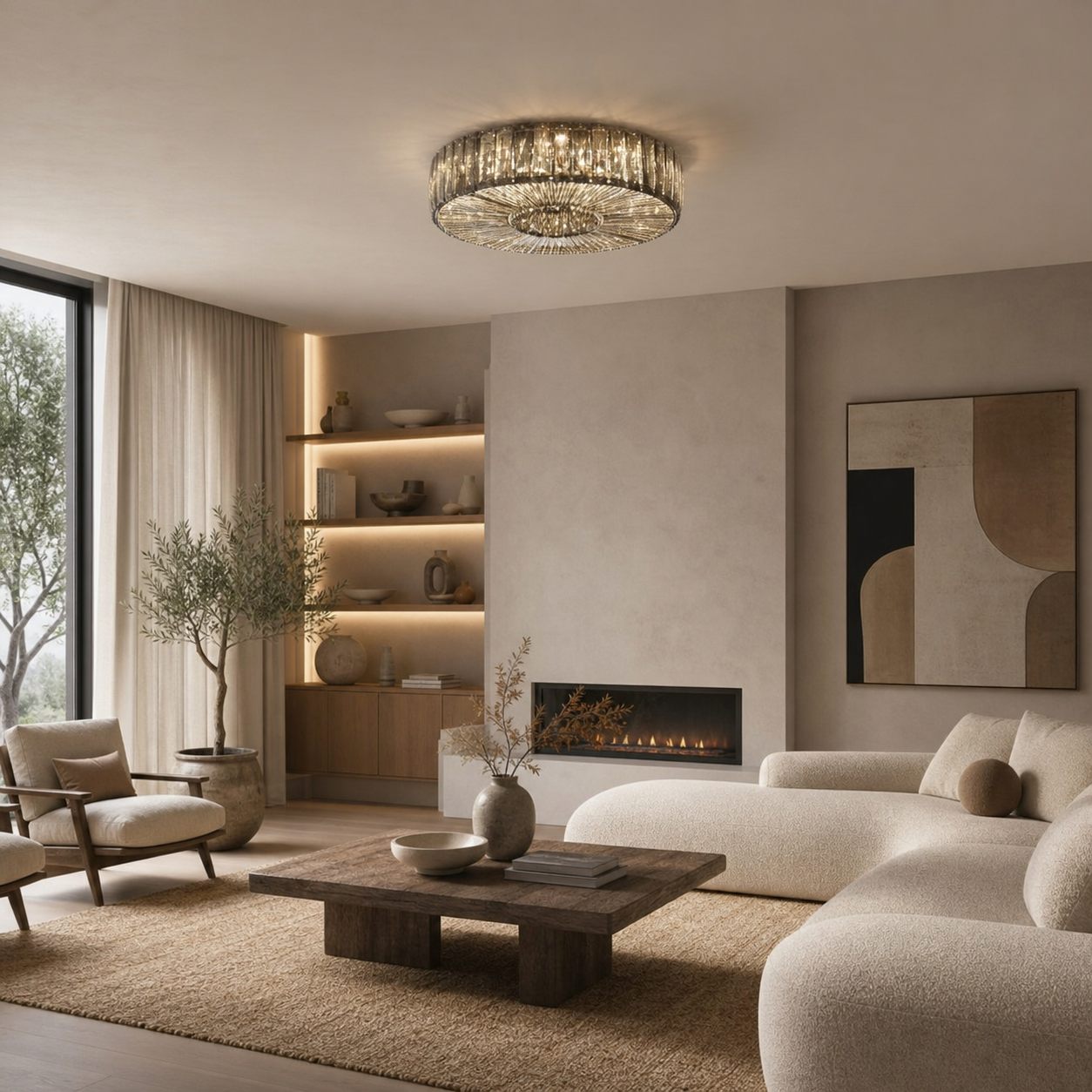 Glomar Glass Round Flush Ceiling Light - Modern Metal Glass Finish Living Areas