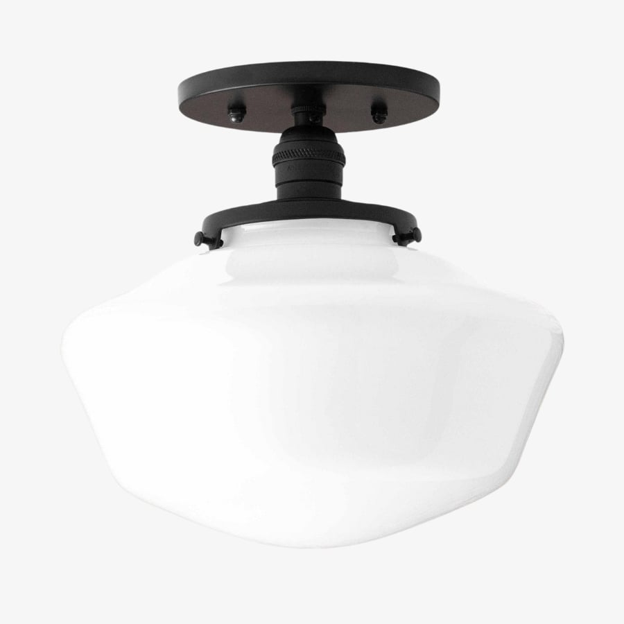 Geotower Glass Brass Ceiling Light - Opal Glass Schoolhouse Shade - Modern Elegance