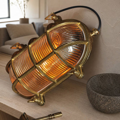 Ivoran Bulkhead Wall Sconce - Brass Caged Glass Vintage Industrial Light for Outdoor and Bathroom