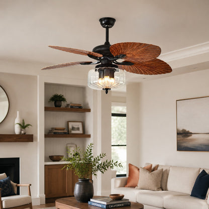 Konoha and Banana Leaf Wooden Ceiling Fan Light