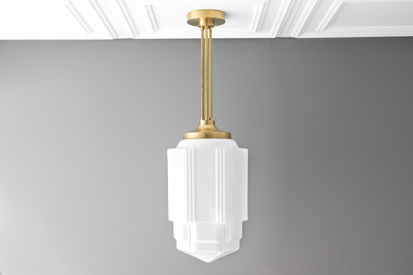Geotower Glass Brass Pendant – Opal Globe Art Deco Hanging Light