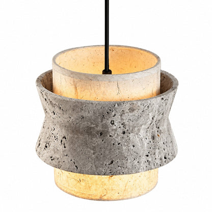 Close-up of flared gray travertine stone pendant profile
