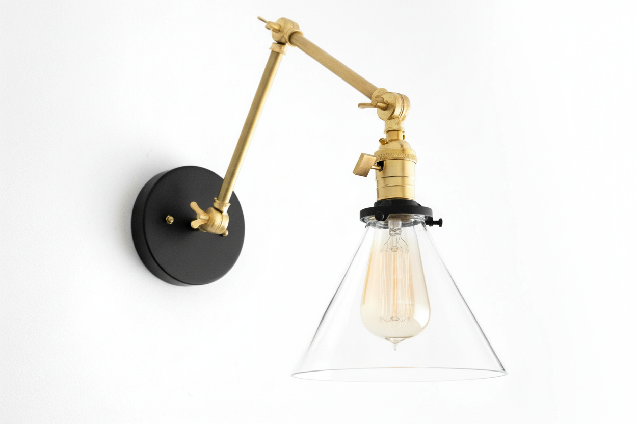 Conique Metal Industrial Wall Sconce with Adjustable Arm - Vintage Glass Cone Shade