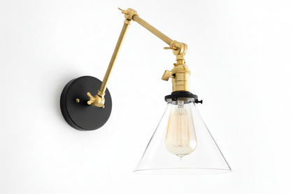 Conique Metal Industrial Wall Sconce with Adjustable Arm - Vintage Glass Cone Shade