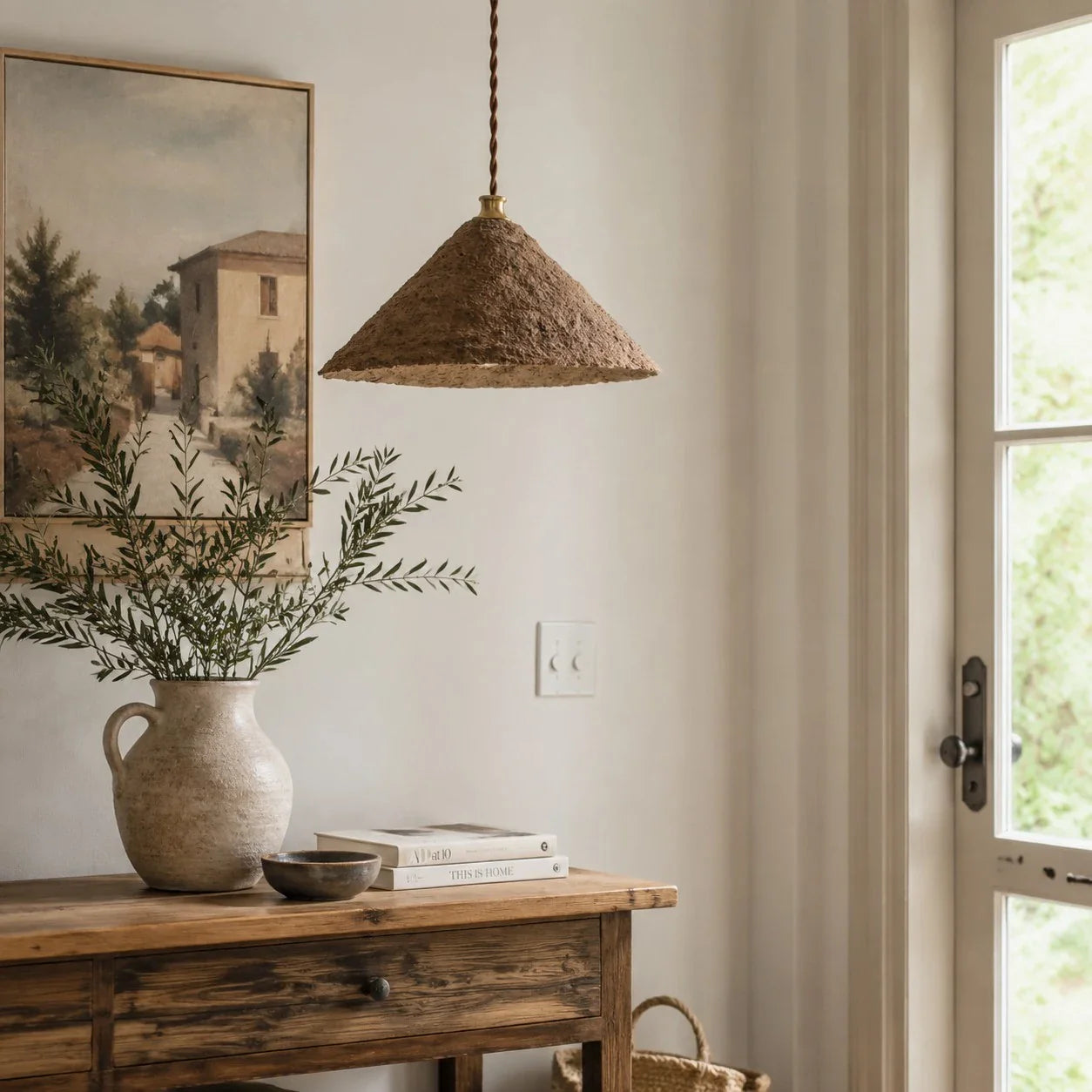 Textured cone pendant light in room setting