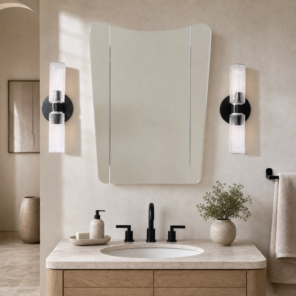 Rivora Doppel-Wandleuchte aus geriffeltem Glas, kurze Form, für drinnen und draußen, elegante Wandleuchte