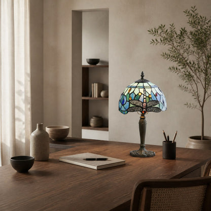 TF Dragonfly Hand-Cut Table Lamp – Vintage Stained Glass for Bedroom or Living Room