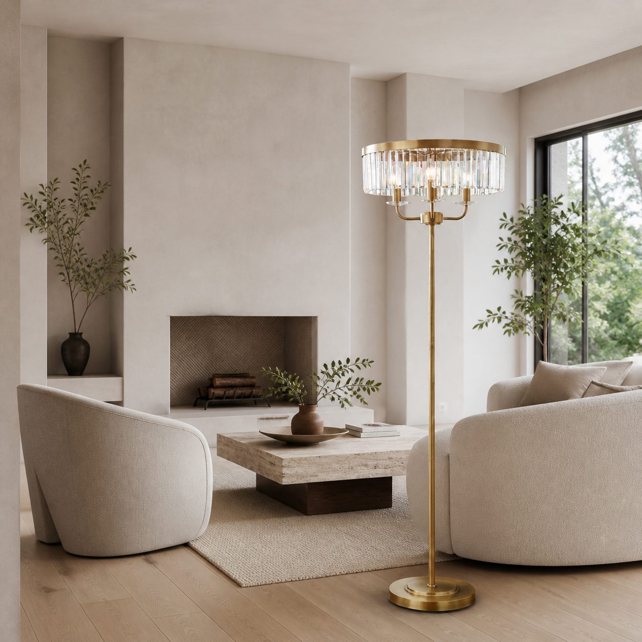 Beveline 3 Light Round Floor Lamp - Faceted Cut Glass Shades Classic Metal Finish For Living Rooms